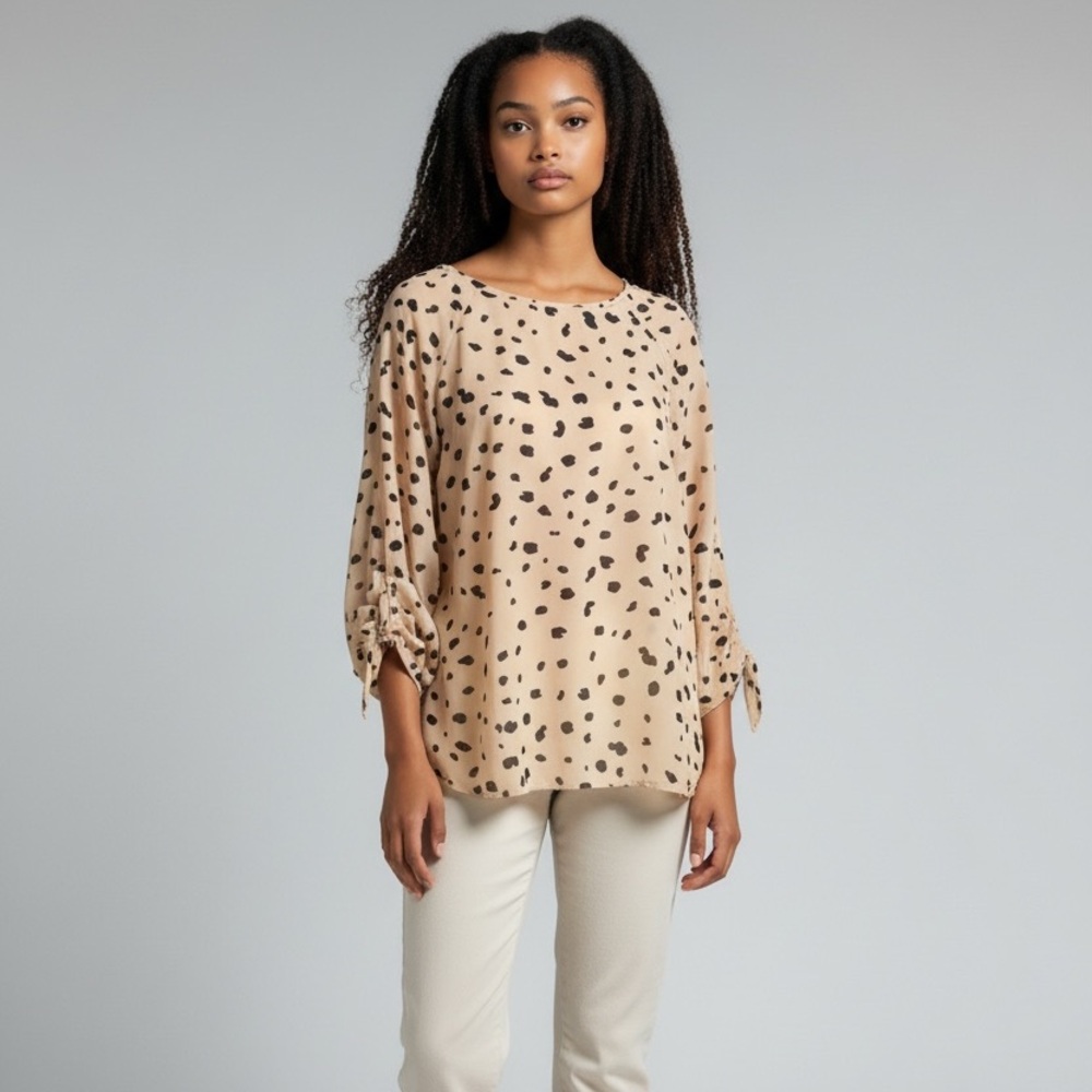 PaperMoon Cheetah Print Back Zip Tan & Black Blouse with Ties & Elastic at Arms